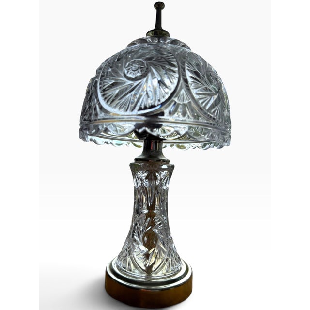 Mid-Century Modern Vintage Cut Glass Boudoir Table Lamp With Domed Scalloped Shade & Gold-Tone Base For Sale - Image 3 of 5