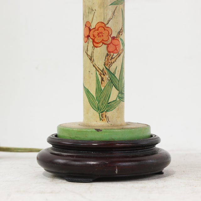 Vintage Hand-Painted Candlestick Lamp With Chinoiserie Floral and Bamboo Motif For Sale - Image 9 of 11
