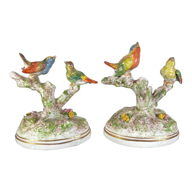 Pair of Porcelain Finch Birds on Branches, France, Early 20th Century For Sale