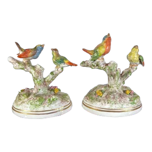 Pair of Porcelain Finch Birds on Branches, France, Early 20th Century