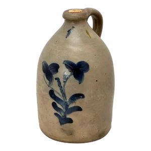 Nice Antique Small 1 Gallon Size American Blue Flower Decorated Stoneware Spirits Jug - Circa Mid 19th Century