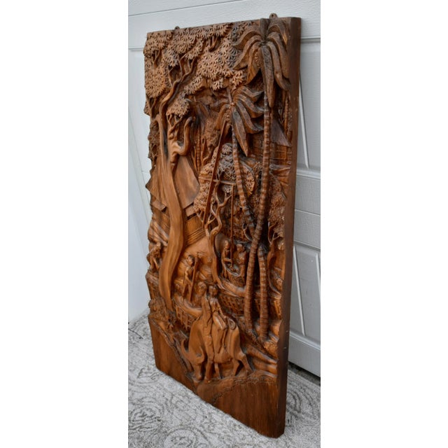 Teak Hand Carved Plaque Large 3d Wood Relief Balinese Tropical Wall Art For Sale In Philadelphia - Image 6 of 11