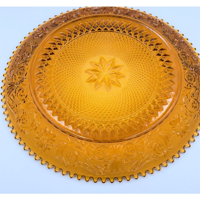 Indiana Glass Company 1960s Indiana Sandwich Glass Tiara Amber Large Serving Platter Sawtooth Rim 12" For Sale - Image 4 of 4