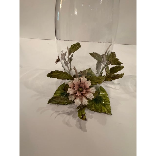 Metal Vintage Italian Painted Tole & Glass Candle Hurricanes -a Pair For Sale - Image 7 of 10