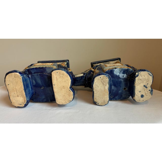 Pair of Vintage Chinoiserie Asian Glazed Ceramic Elephant Plant Stands For Sale - Image 6 of 9