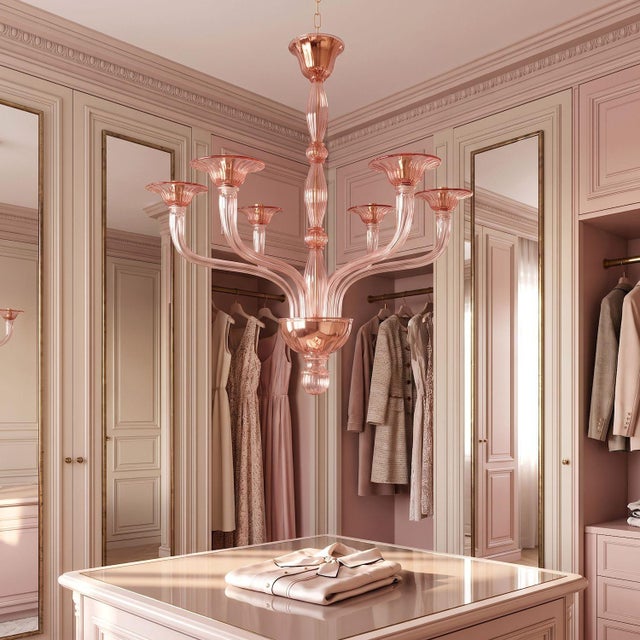 Mid century modern pink Murano glass chandelier, Venini style, Italy late 1970s. The Italian chandelier is made of...