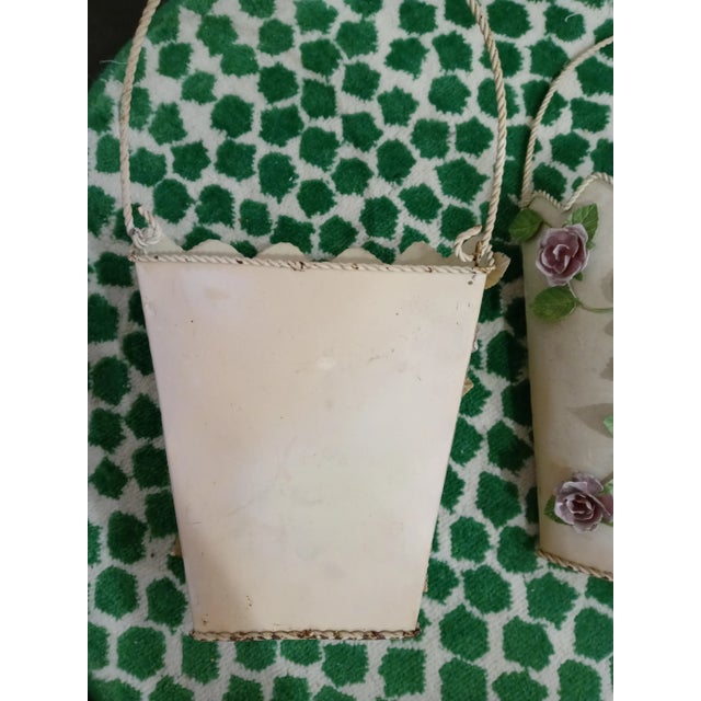 Dorothy Draper Vintage Sweet Scalloped Edge Tole Floral Metal Wall Pockets- a Pair For Sale - Image 4 of 5