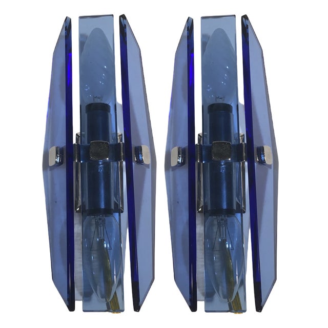 Vintage 3-Glass Wall Lamps from Veca, Azzurro, Italy, 1960s, Set of 2 For Sale