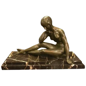 Signed French Art Deco Bronze Sculpture of Nude Seated Female