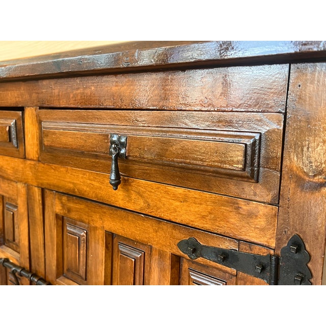 Wood 19th Spanish Baroque Carved Walnut Tuscan Two Drawer Credenza or Buffet For Sale - Image 7 of 9