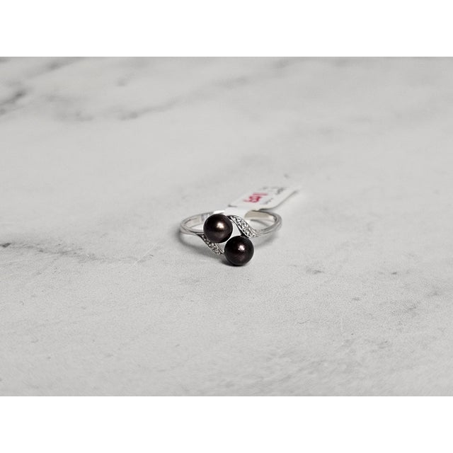 Cultured Black Pearl Diamond Ring 14k White Gold, Size 8 For Sale - Image 4 of 5