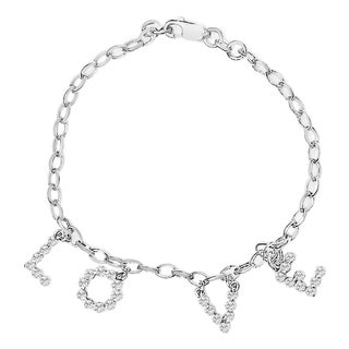 10k White Gold 1/6 Cttw Diamond "Love" Charm Cable Chain Bracelet (H-I Color, I1-I2 Clarity) - 7" For Sale
