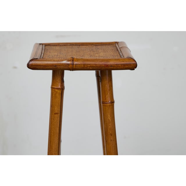 Rustic 1920s English Walnut Faux Bamboo Stand with Rattan Top and Two Shelves For Sale - Image 9 of 12