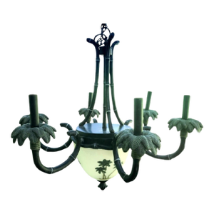 Vintage Light Black Green Palm Beach Regency Style Palm Tree Glass Bottom 8 Light Chandelier