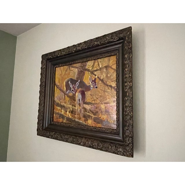 Early 20th Century Early 20th Century Vintage Signed Doe and Fawn Original Oil Painting, Framed For Sale - Image 5 of 5
