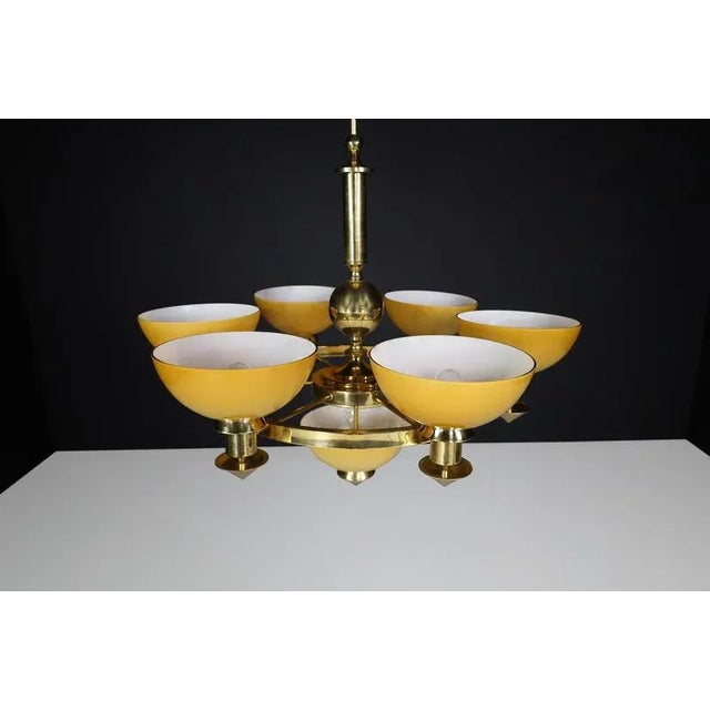 Metal Sculptural Italian Chandelier in Brass & Amber-Gold Opaline Glass, 1970s For Sale - Image 7 of 11