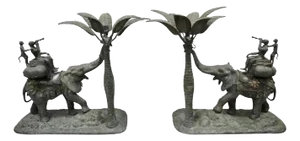 Late 20th Century Maitland Smith Bronze Monkey Elephant Palm Tree Sculpture Candle Holder - A Pair