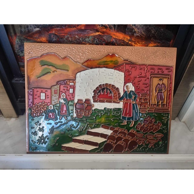 Enameled copper bas-relief, Greece, 1950s, Art deco, dimensions: width 36.5 cm, height 27.5 cm, depth 1.2 cm.