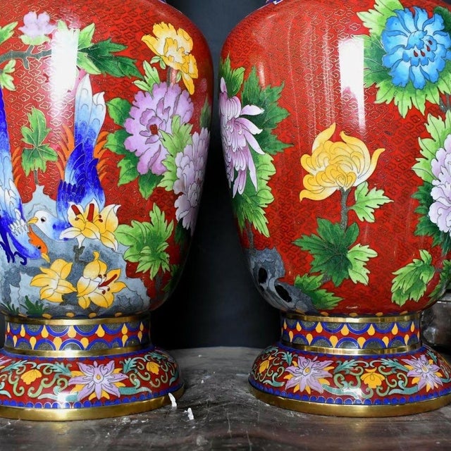Pair of Monumental Chinese Cloisonné Vases | Gilt Floral & Bird Motif With Stands For Sale In Los Angeles - Image 6 of 9