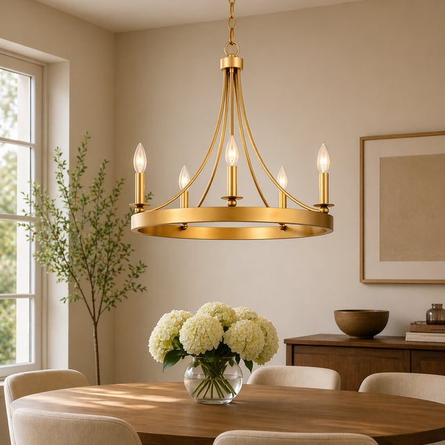5-Light Light Gold Ring Chandelier, 26" Round, Minimalist Modern Lighting For Sale - Image 4 of 8