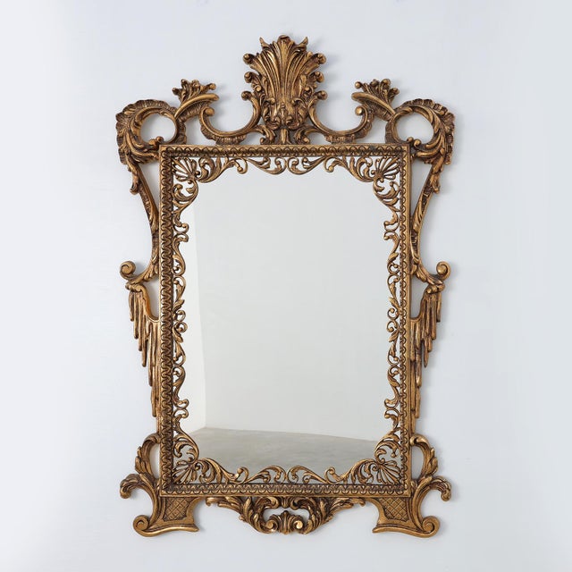 20th Century Chippendale Gilt Metal Mirror with Palmette Crest and Husk Garlands, Italy, 1950s For Sale - Image 11 of 11