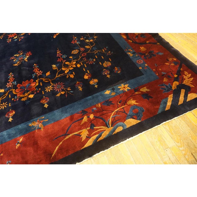 1920s Captivating Navy Bakcground Color With Vibrant Burst of Floral Antique Chinese Art Deco Rug For Sale - Image 5 of 11