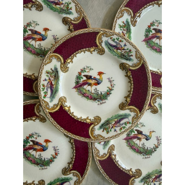 Ceramic Antique Myott Chelsea Bird Bread Plates – 6 3/8-Inch Staffordshire England Porcelain With Burgundy and Gilt Decoration - Set of Eleven (11) For Sale - Image 7 of 12