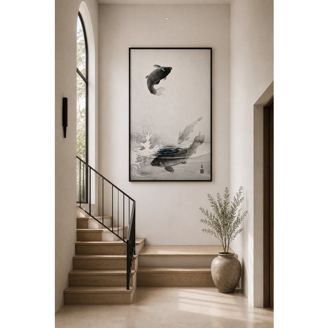 Paper Three Carps by Ohara Koson, Vintage Japanese Woodblock Print Reproduction, 16" X 24" For Sale - Image 7 of 9