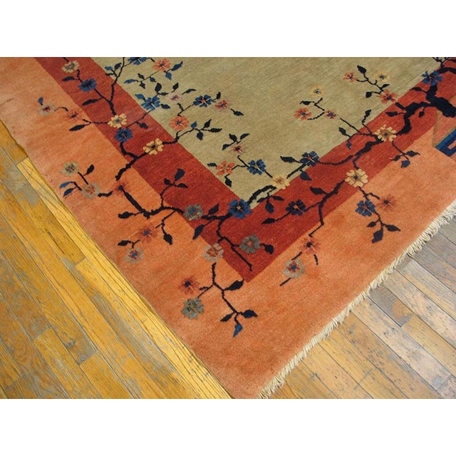 1920s Tan Taupe Minimalist Floral Antique Chinese Peking Rug 9'2" X 11'6" Knotted Wool Carpet For Sale - Image 9 of 9