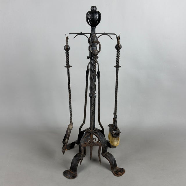 Rustic Vintage Wrought Iron Fireplace Set Floor Lamp with Tools, 1940s For Sale - Image 3 of 10