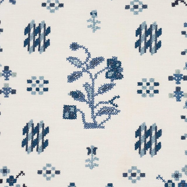 Contemporary SAMPLE - Schumacher Fairview Cross Stitch Embroidery Fabric In Indigo For Sale - Image 3 of 5