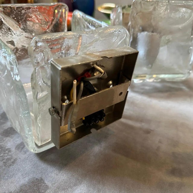 1970s Modernist Ice Murano Glass Square Wall Sconces by Toso For Sale - Image 6 of 12