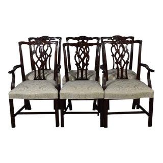 Kindel Chippendale Style Mahogany Dining Chairs Cream Silk Damask - Set of 6 For Sale
