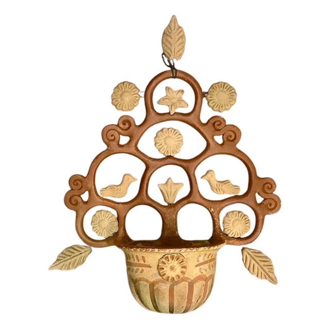 Vintage Mexican Clay Tree of Life Folk Art Terracotta Pottery Wall Pocket / Planter / Scullture With Leaves, Birds, & Flowers For Sale