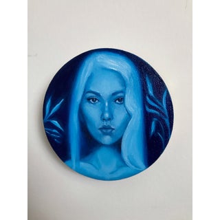 Night Queen by Ariane` Kamps | Oils, gold leaf, wood tondo Portrait of a woman with blue tones. For Sale
