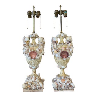 Vintage Shell-Encrusted Carved Wood Urn Table Lamps - Pair For Sale