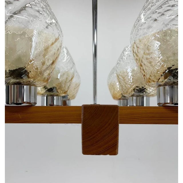 Brown Wood, Chrome & Glass Chandelier attributed to Elektroinstala Decin, 1970s For Sale - Image 8 of 11