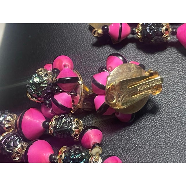 Mid-Century Modern MCM Jewelry Hot Pink Lava Bead Necklace and Earrings Demi-Parure For Sale - Image 3 of 7