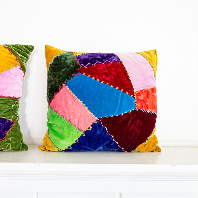 Textile Velvet Crazy Quilt Multi Colored Patchwork Accent Pillows | Pair of Two For Sale - Image 7 of 12