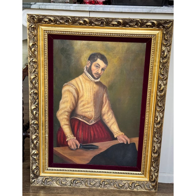 Traditional 1969 Oil on Canvas Reproduction Giovanni Battista Moroni of Il Sarto 'The Tailor' - Framed For Sale - Image 3 of 17