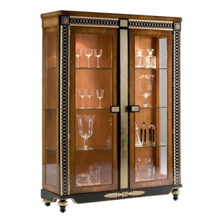 Spanish Oak Burl China Cabinet With Bronze & Sycamore Inlays For Sale