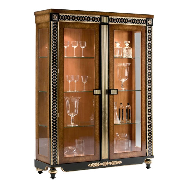 Spanish Oak Burl China Cabinet With Bronze & Sycamore Inlays For Sale