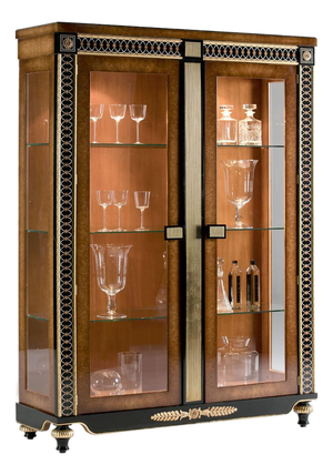 Spanish Oak Burl China Cabinet With Bronze & Sycamore Inlays