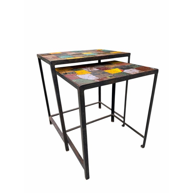 Vintage Industrial Reclaimed Metal Signage Nesting Tables - Pair For Sale - Image 4 of 11