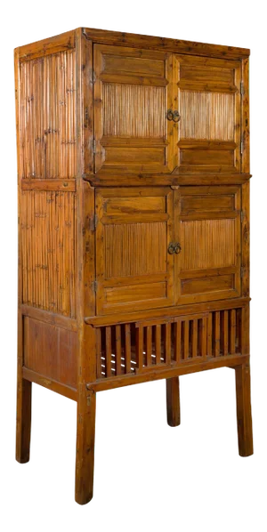 Chinese Vintage Wood and Bamboo Cabinet with Double Doors and Openwork Apron