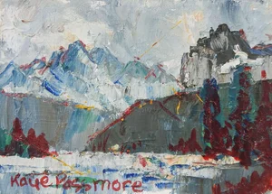 Small Vintage Modernist Blue Mountain Landscape Painting