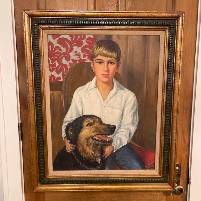 Vintage Portrait Oil Painting of a Young Man With Dog For Sale - Image 4 of 4