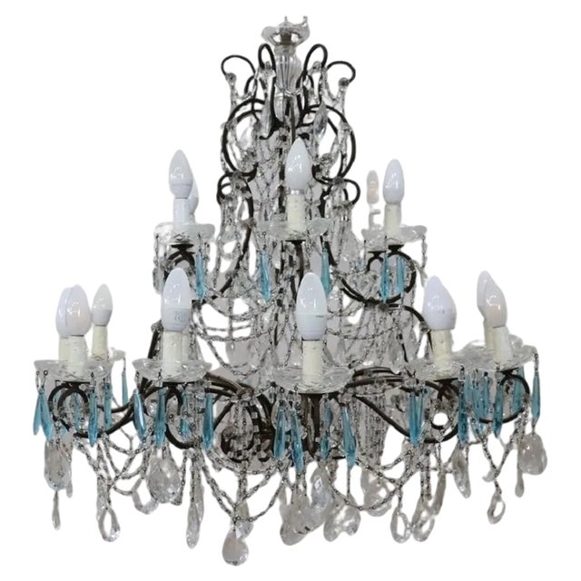 Large Crystal Chandelier with 18 Bulbs, 1930s For Sale