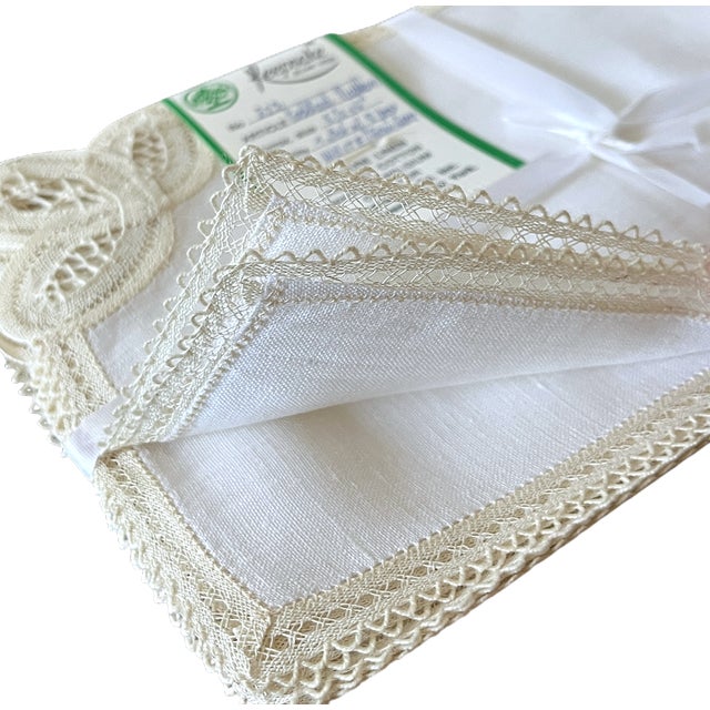 English 1950s Fine Belgian Linen & Lace Cocktail Napkins for K. Katen — Boxed Set of 8 For Sale - Image 3 of 9