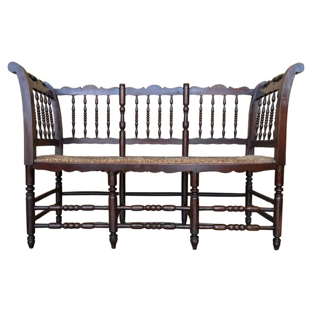 20th Century Catalan Bench in Solid Walnut with Caned Seat, Three Seats For Sale - Image 15 of 18